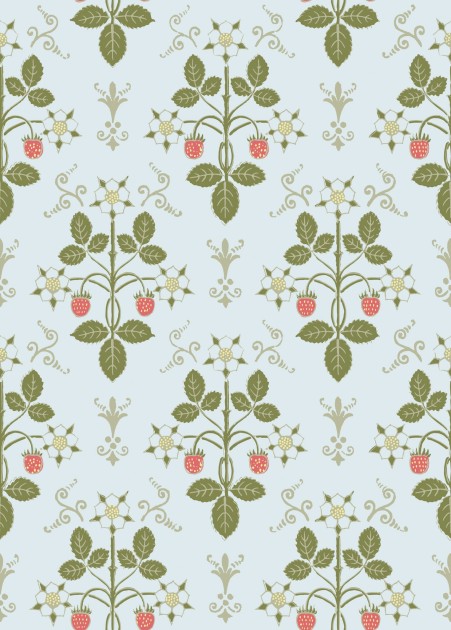 Cole & Son 127/2009 Classics Collection Vol. I Strawberry Olive on Print Room Blue – tapeta roślinna w truskawki