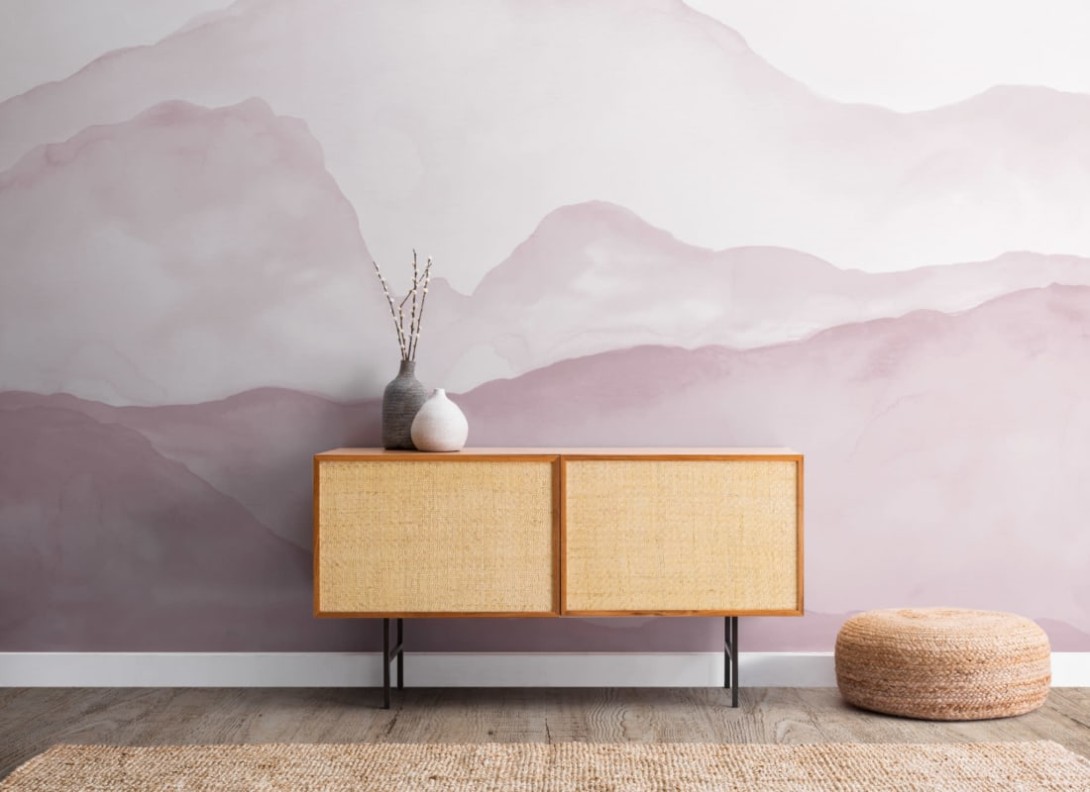 Hovia LA0055PI04W Olympus Pink - mural w akwarelowy krajobraz górski