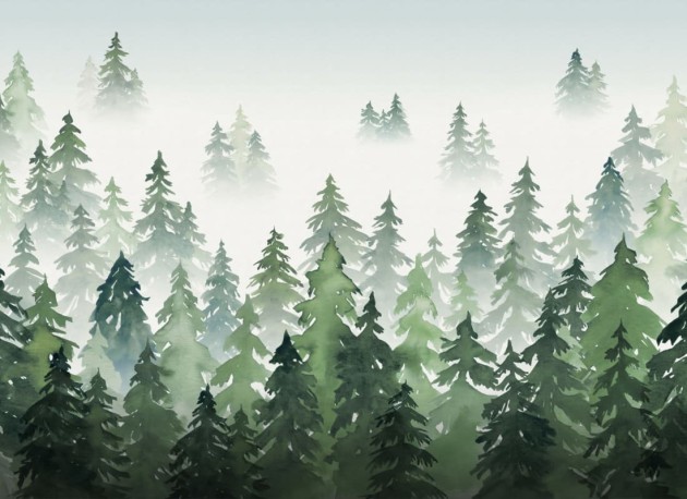 Hovia FO0092GR04W Tylöskog Green - mural w leśny krajobraz we mgle