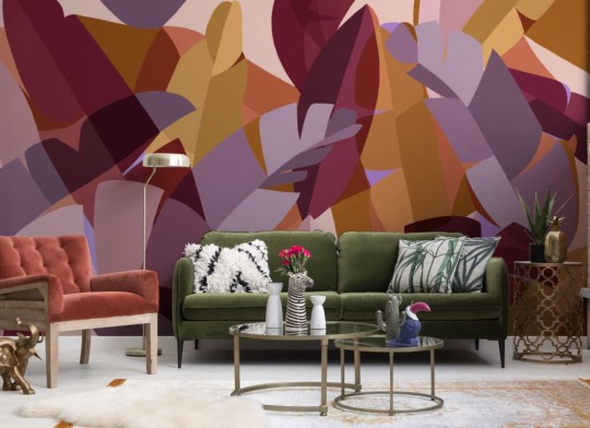 Hovia TR0083MU03W Bejewelled Pink - mural w kubistyczne liście
