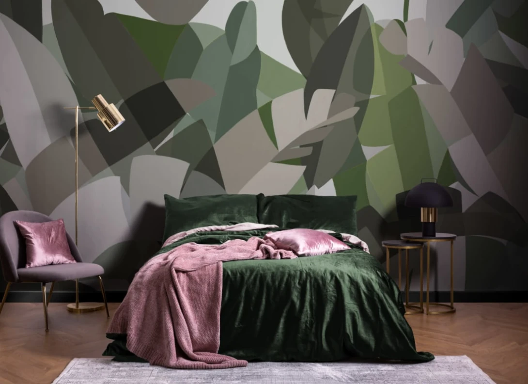 Hovia TR0084GR03W Bejewelled Green - mural w kubistyczne liście