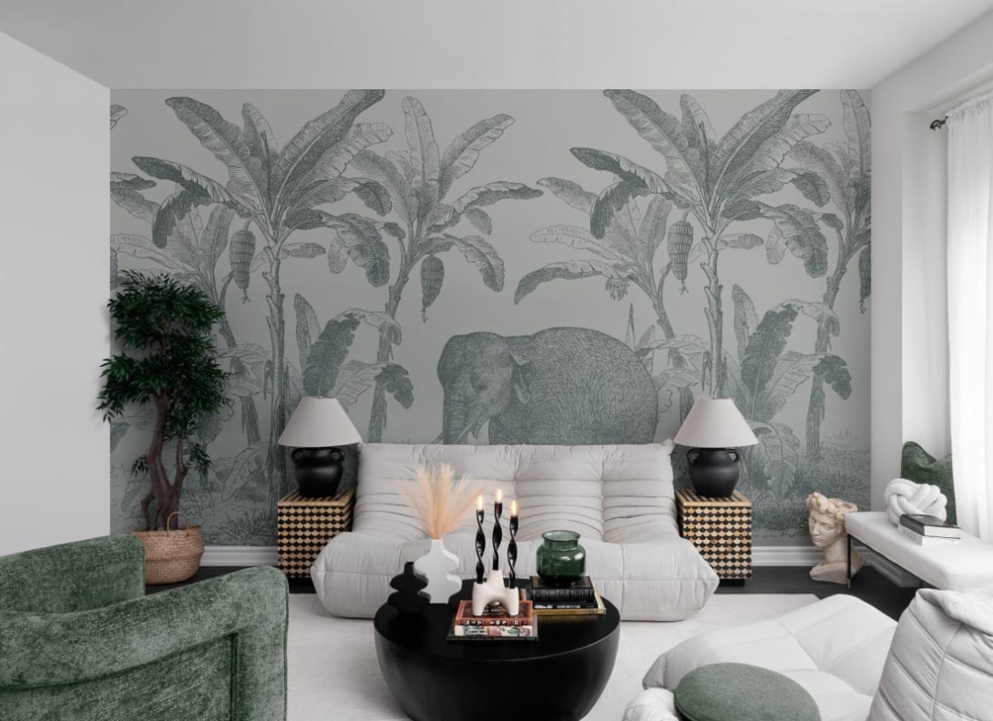 Hovia AN0556BU04W Loxodonta Teal - mural w słonia i egzotyczne rośliny
