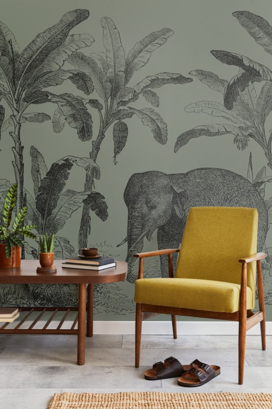 Hovia JU0016GR40W Loxodonta Green - mural w słonia i egzotyczne rośliny
