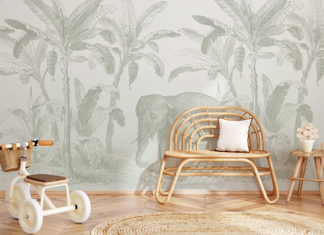 Hovia AN0560GR04W Loxodonta Sage Green - mural w słonia i egzotyczne rośliny