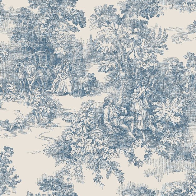 Boras Tapeter 7767 Adorn Toile de Jouy Blue – tapeta z botanicznym krajobrazem