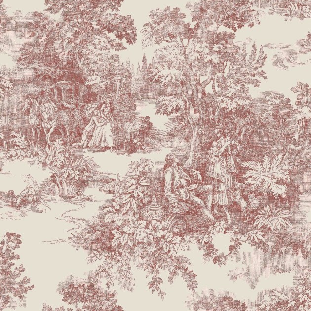 Boras Tapeter 7768 Adorn Toile de Jouy Red – tapeta z botanicznym krajobrazem