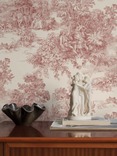 Boras Tapeter 7768 Adorn Toile de Jouy Red – tapeta z botanicznym krajobrazem