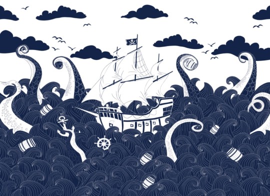 Hovia CH0080BH04W Kraken Blue - mural dla dzieci w morski pejzaż i piracki statek