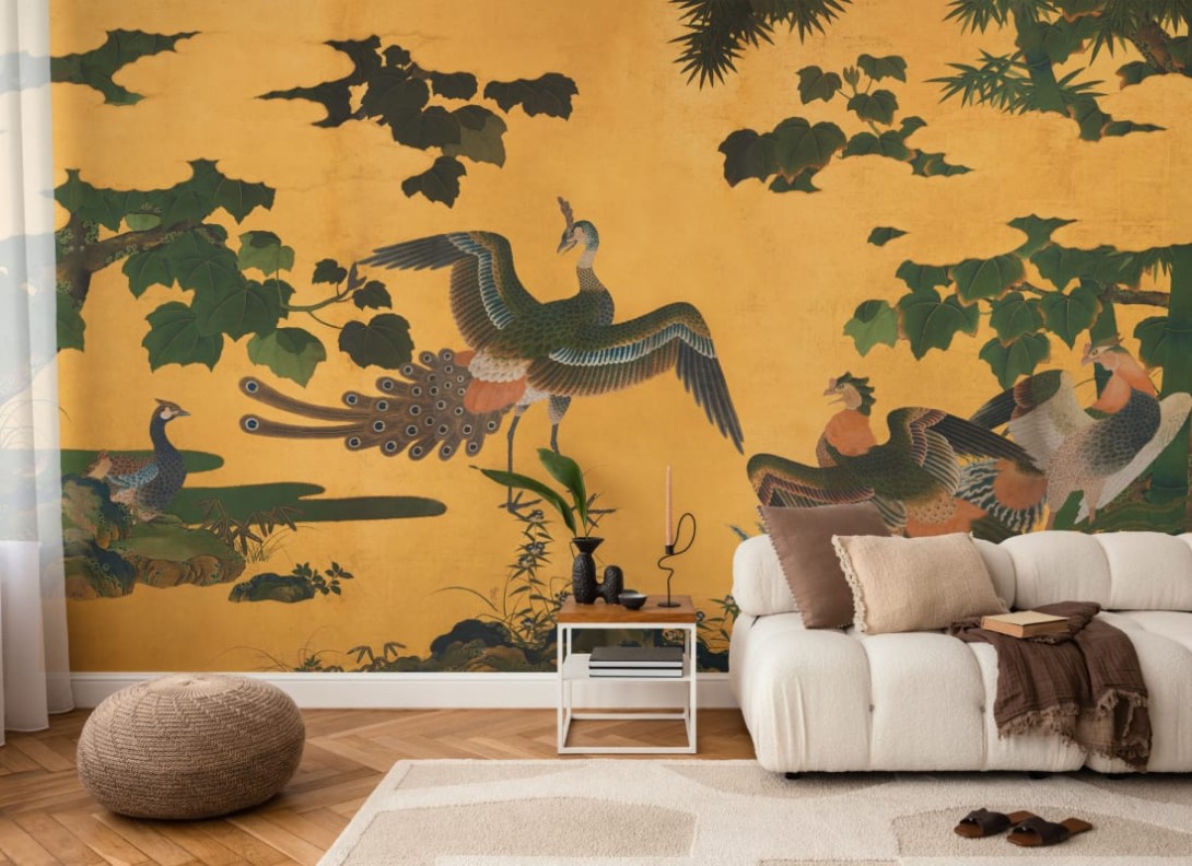 Hovia JA0385YE03W Kujaku Yellow - mural w ptaki w japońskim stylu
