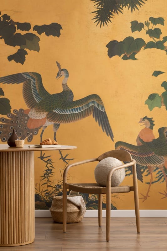 Hovia JA0385YE03W Kujaku Yellow - mural w ptaki w japońskim stylu