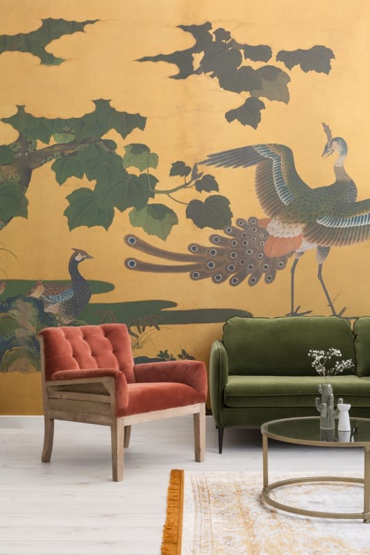 Hovia JA0385YE03W Kujaku Yellow - mural w ptaki w japońskim stylu