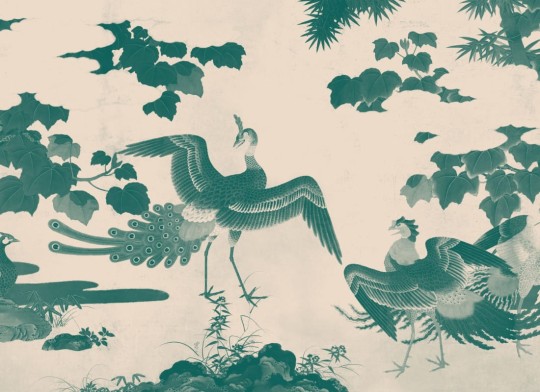 Hovia JA0387GR03W Kujaku Teal - mural w ptaki w japońskim stylu