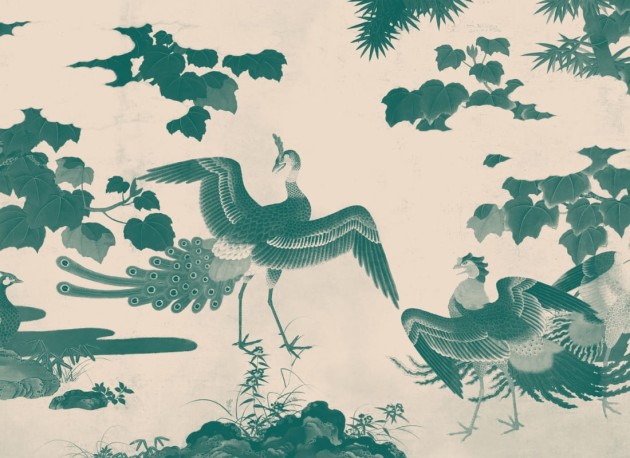 Hovia JA0387GR03W Kujaku Teal - mural w ptaki w japońskim stylu