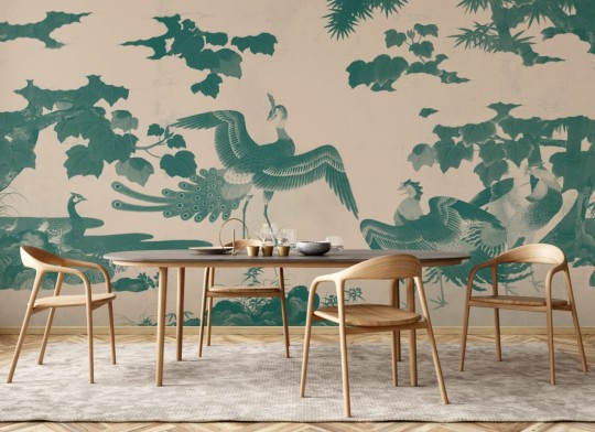 Hovia JA0387GR03W Kujaku Teal - mural w ptaki w japońskim stylu