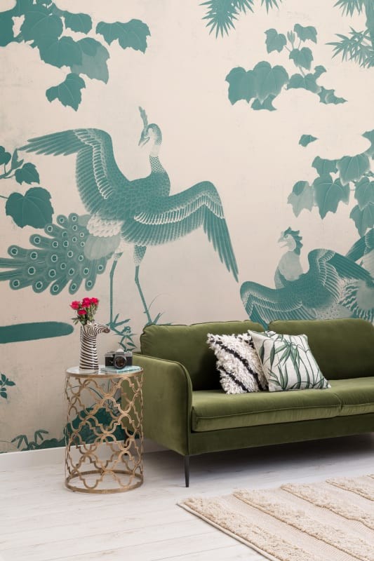 Hovia JA0387GR03W Kujaku Teal - mural w ptaki w japońskim stylu