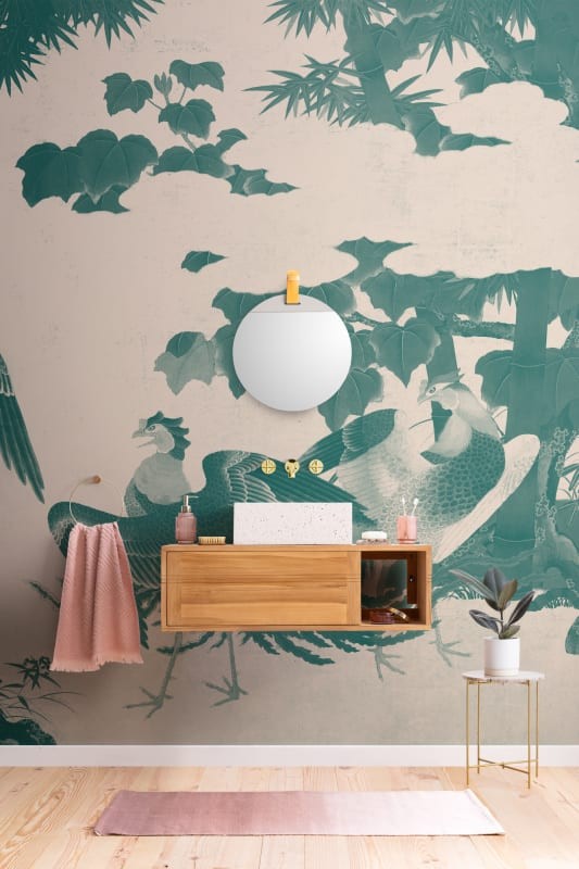 Hovia JA0387GR03W Kujaku Teal - mural w ptaki w japońskim stylu