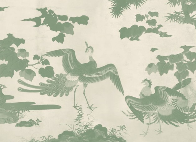 Hovia JA0388GR03W Kujaku Green - mural w ptaki w japońskim stylu
