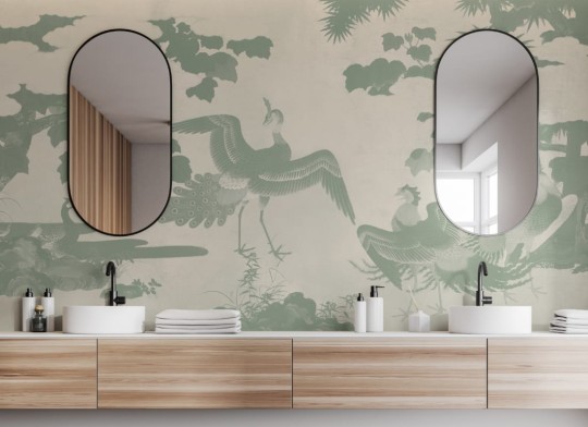 Hovia JA0388GR03W Kujaku Green - mural w ptaki w japońskim stylu