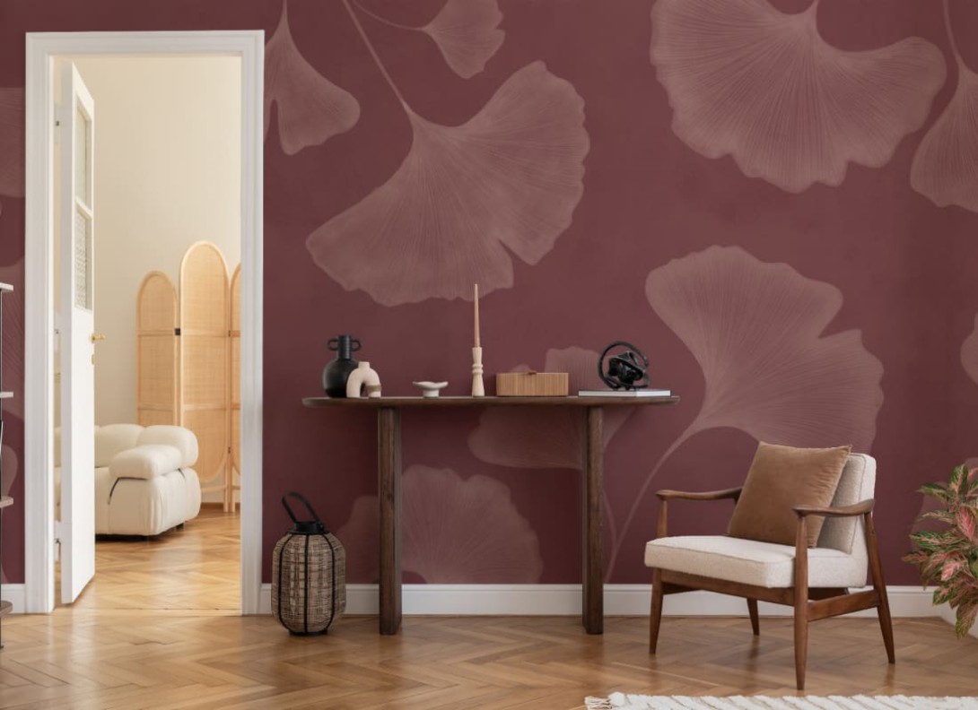 Hovia LE0598PI06W Ginkgo Mauve - mural w duże liście miłorzębu japońskiego