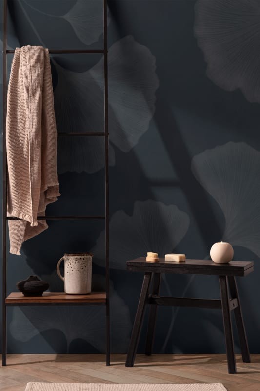 Hovia LE0599DA06W Ginkgo Navy - mural w duże liście miłorzębu japońskiego