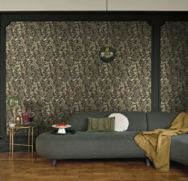 Casadeco 201217362 Heritage Strawberry Field Amande – tapeta botaniczna z truskawkami