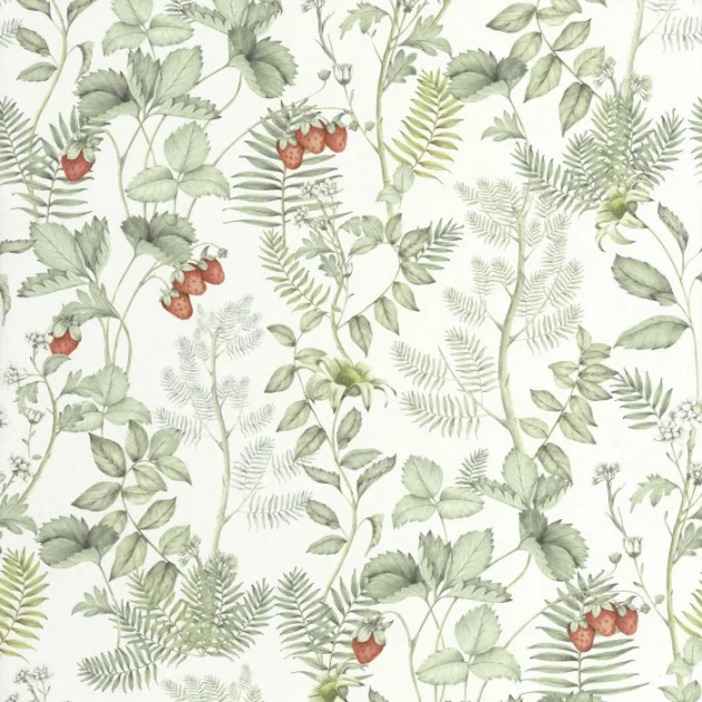 Casadeco 201217155 Heritage Strawberry Field Vert d'eau – tapeta botaniczna z truskawkami