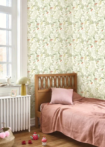 Casadeco 201217155 Heritage Strawberry Field Vert d'eau – tapeta botaniczna z truskawkami