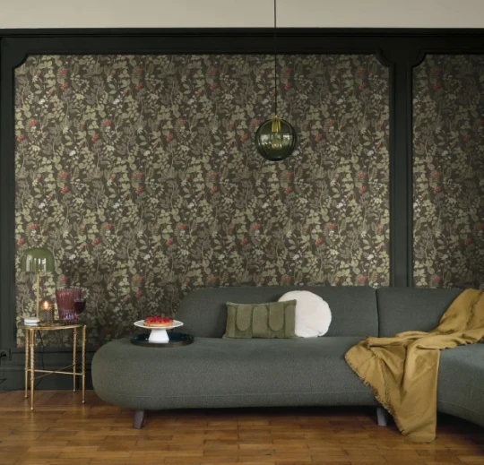 Casadeco 201219817 Heritage Strawberry Field Noir Fusain – tapeta botaniczna z truskawkami