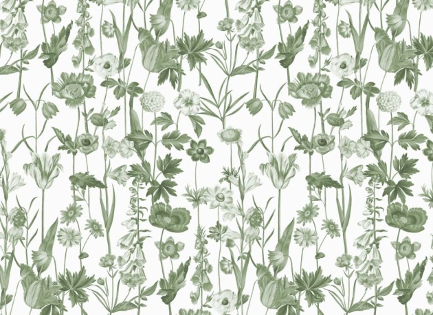 Hovia FL5256GR03R Posie Green & White - tapeta w polne kwiaty