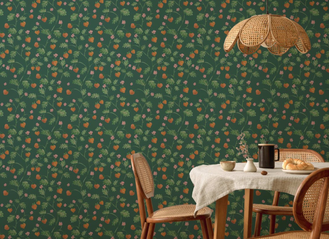 Hovia FR5464GR07R Little Strawberry Green - tapeta w truskawki