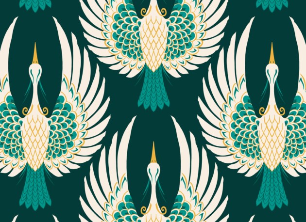 Hovia AD5010GR04R Flight Green - tapeta w żurawie w stylu art deco