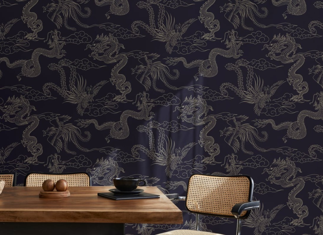 Hovia MX5566DA06R Dynasty Navy - tapeta w smoki