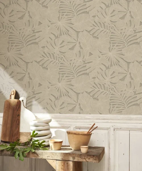 Casadeco 86436444 Vegetals Granada Bleu Canard – tapeta w liście palmy