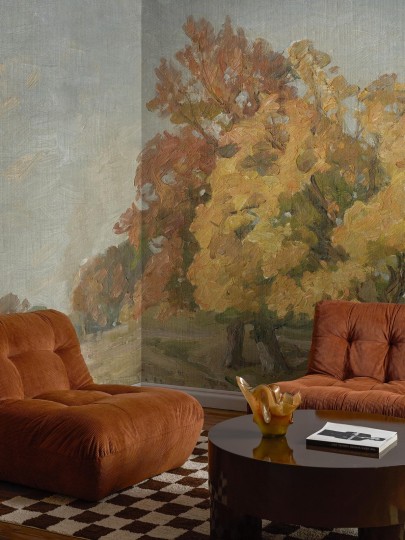 Boras Tapeter 9668W Studio Landscape Hedgerow Orange – mural jak obraz z krajobrazem drzew