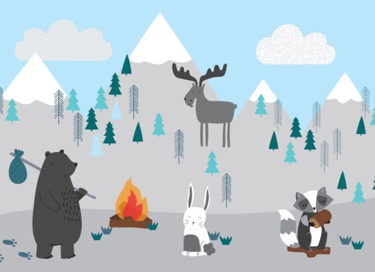 Hovia NS0034BU02W Campfire - mural dziecięcy w górski pejzaż i zwierzęta