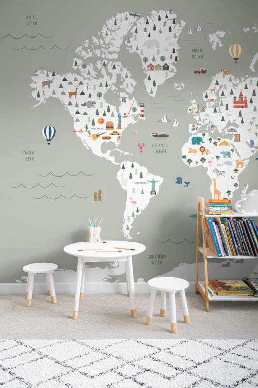 Hovia CM0001GR02W Intrepid Sage - mural dla dzieci w mapę świata i zwierzęta