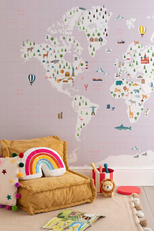 Hovia CM0004PI02W Intrepid Pink - mural dla dzieci w mapę świata i zwierzęta