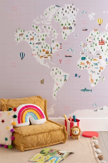 Hovia CM0004PI02W Intrepid Pink - mural dla dzieci w mapę świata i zwierzęta