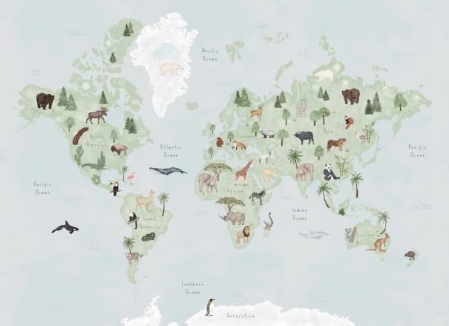 Hovia WM0043BG04W Explore - mural dla dzieci w mapę świata i zwierzęta