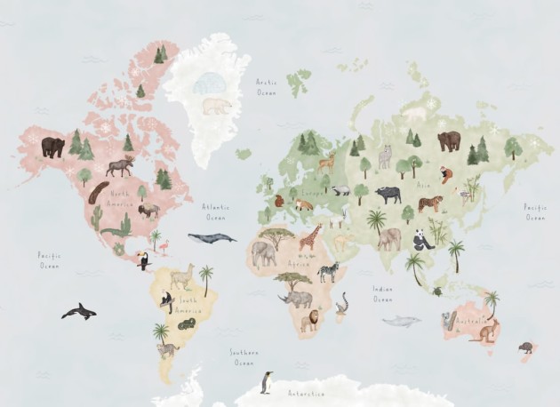 Hovia WM0044MU04W Explore Pastel - mural dla dzieci w mapę świata i zwierzęta