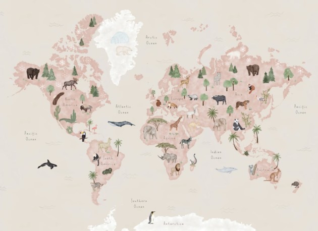 Hovia WM0045PI04W Explore Neutral - mural dla dzieci w mapę świata i zwierzęta