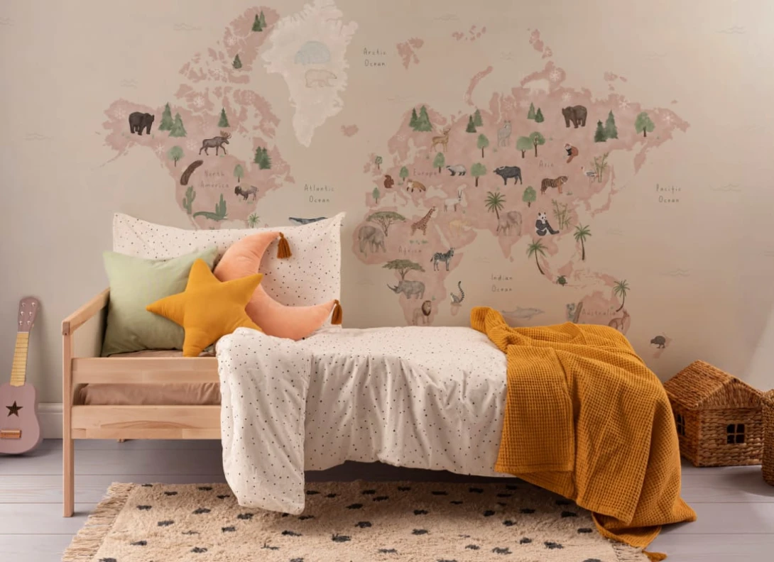 Hovia WM0045PI04W Explore Neutral - mural dla dzieci w mapę świata i zwierzęta