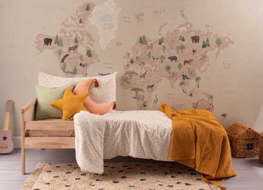 Hovia WM0045PI04W Explore Neutral - mural dla dzieci w mapę świata i zwierzęta