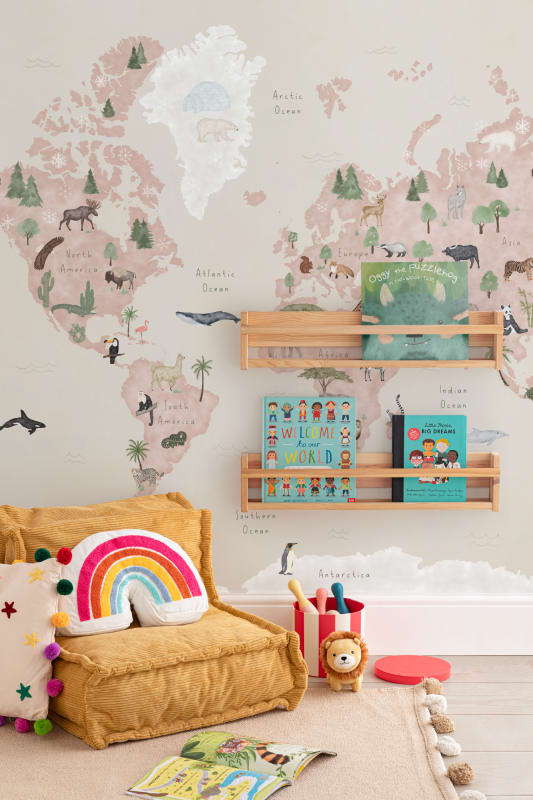 Hovia WM0045PI04W Explore Neutral - mural dla dzieci w mapę świata i zwierzęta