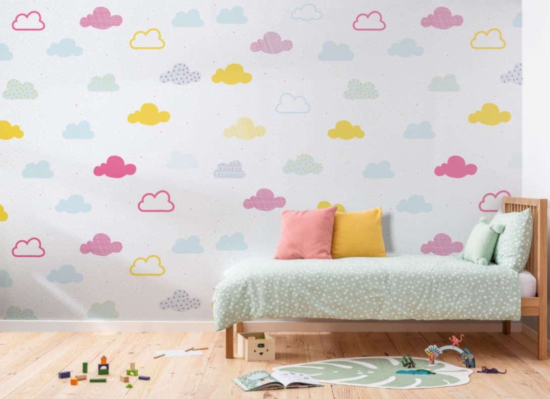 Hovia NS5012MU02W Fluffy Yellow - mural dla dzieci w chmury i kropki