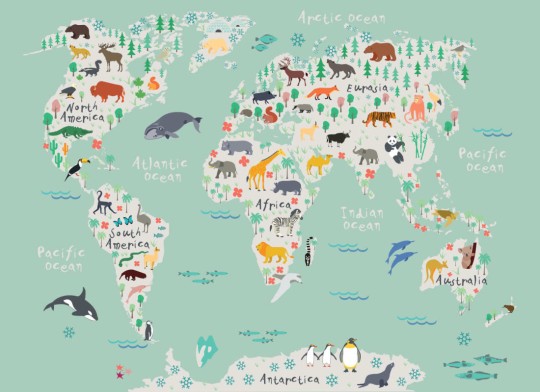 Hovia CM0011GR30W Safari - mural dla dzieci w mapę świata i zwierzęta