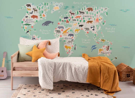 Hovia CM0011GR30W Safari - mural dla dzieci w mapę świata i zwierzęta