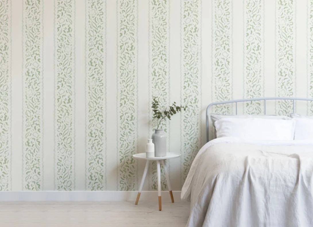 Hovia ST5300GR06W Lacey Green - mural w liście i paski