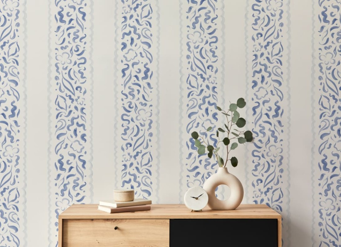 Hovia ST5301BU06W Lacey Blue - mural w liście i paski