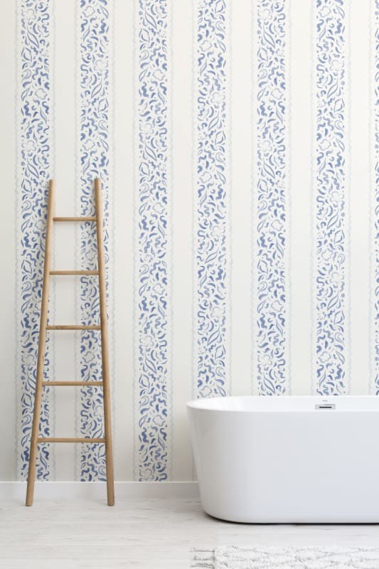 Hovia ST5301BU06W Lacey Blue - mural w liście i paski